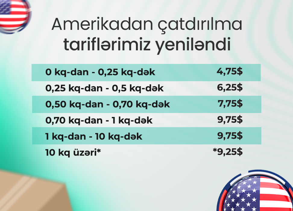 Amerika-dan çatdırılma tariflərimiz yenilənmişdir.